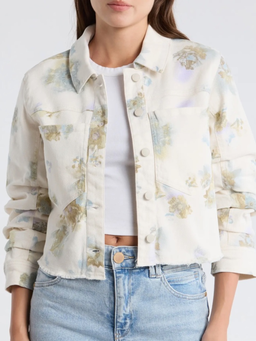 Democracy Ruched Sleeve Pastel Floral Cropped Denim Jacket, Cream, Sz M